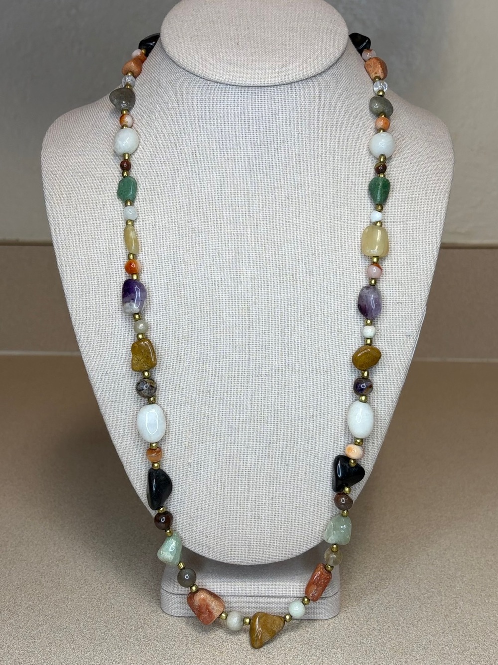Long Multi-Gemstone Beaded Necklace – Mixed Natural Stone Nugget & Oval Beads